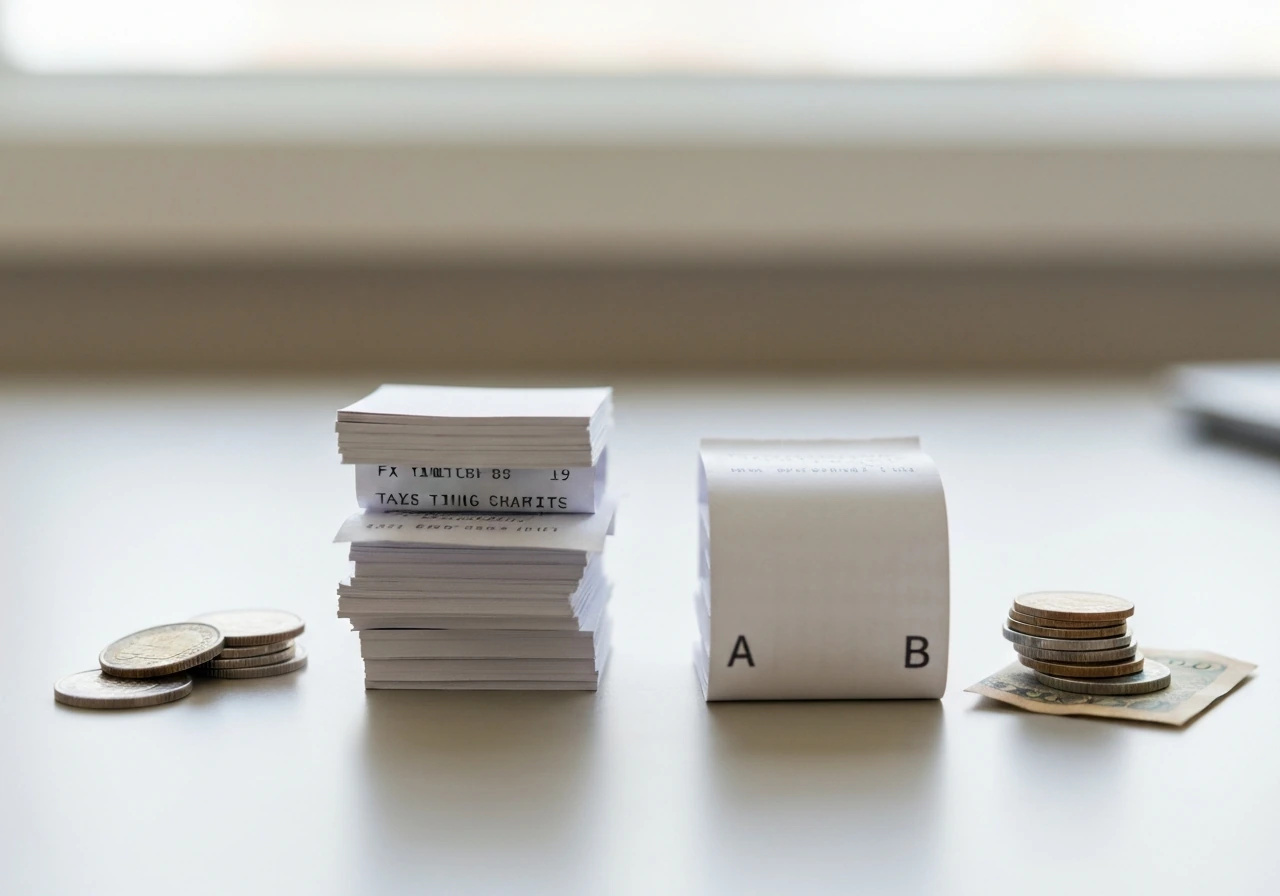 Two side-by-side stacks of blank cards and receipts on a desk, symbolizing different estimates.