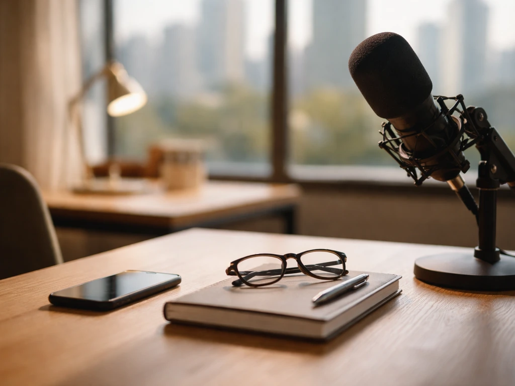 Minimal podcast studio desk with microphone and city-lit office backdrop, symbolizing media wealth research.