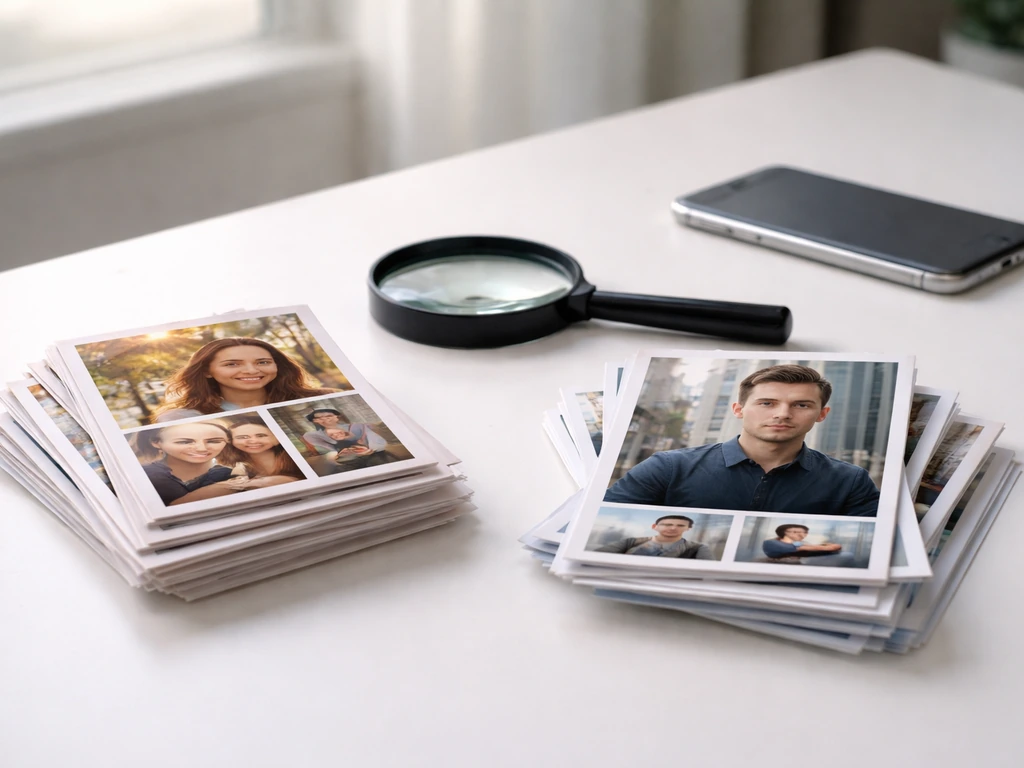 Minimal desk scene with two separate photo printouts and a magnifying glass suggesting identity differentiation