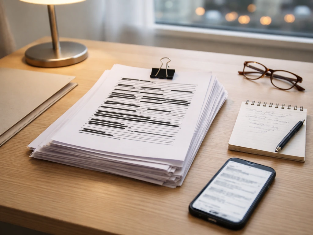 Documents, a notepad, and a phone on a wooden desk arranged to show how a financial estimate is built.