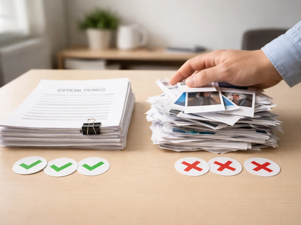 Desk scene contrasting official documents with rumor-like papers using red X and green check stickers.