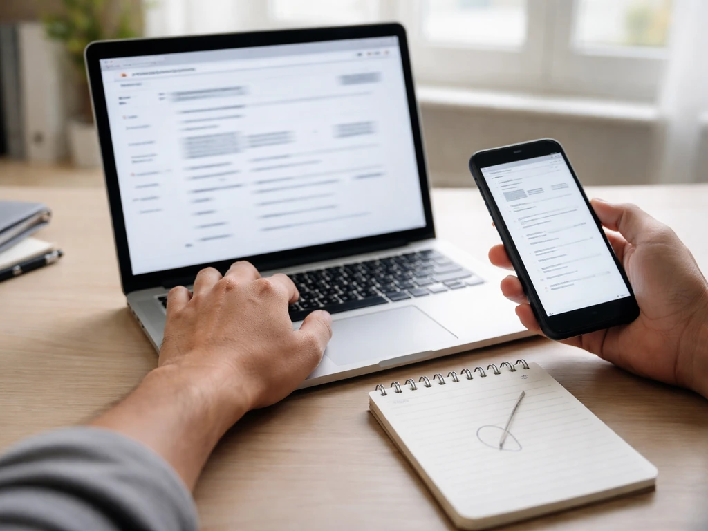 Hands checking a corporate registry on a laptop and phone with a blank notepad on a desk.