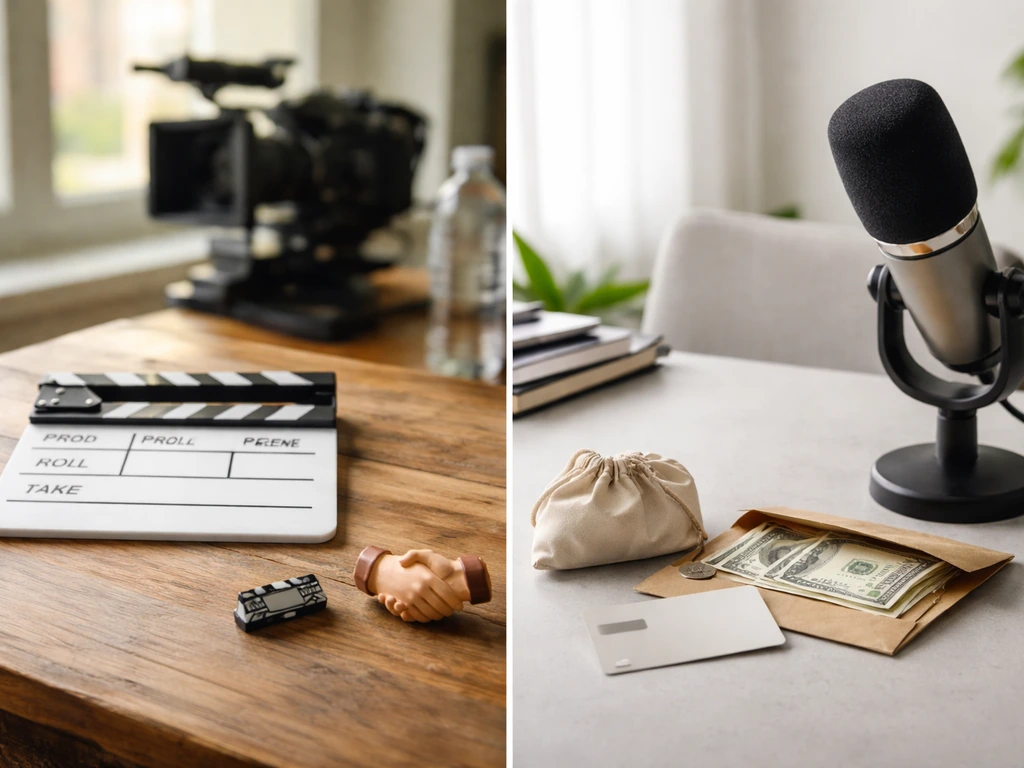 Minimal split photo showing film set items and a studio mic with money symbols, representing acting income streams.