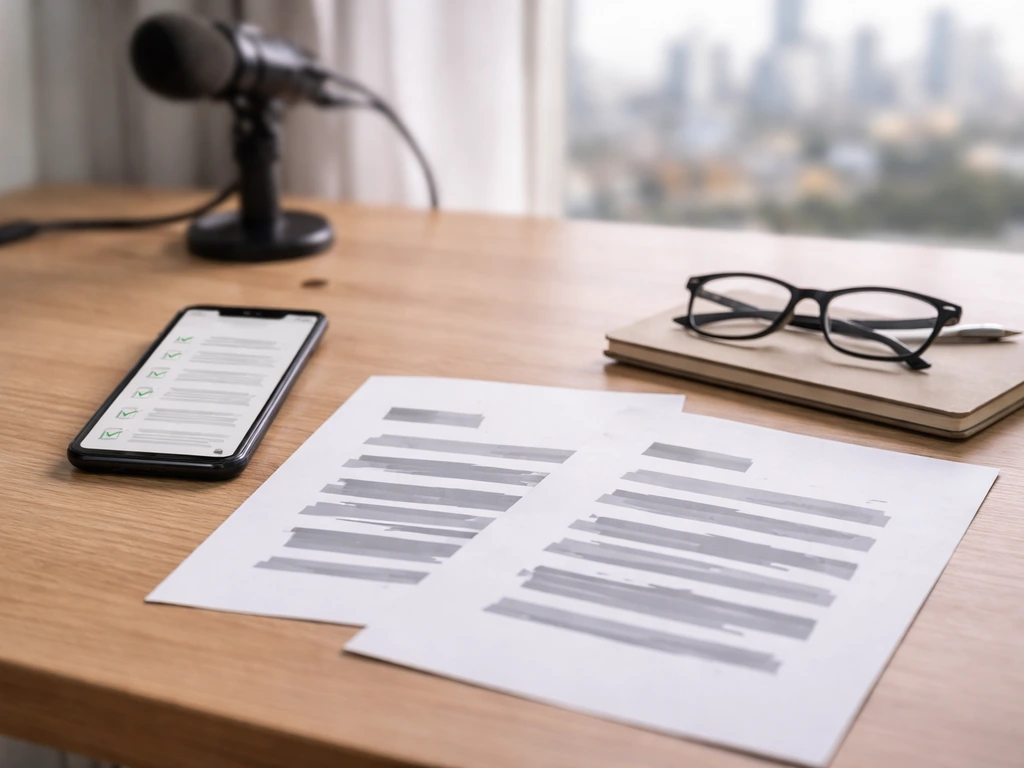 Minimal office desk with redacted documents, phone with blurred checklist, and eyeglasses for wealth source verification
