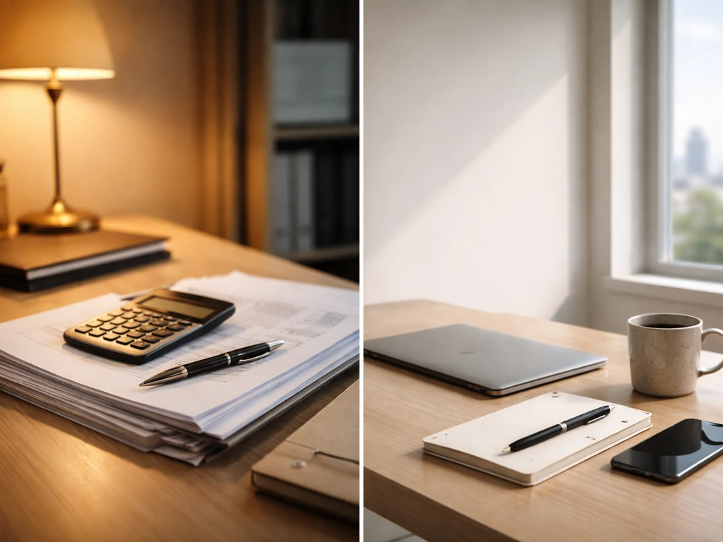 Minimal photo of a tax/accounting advisor desk with documents, calculator, and a muted city view
