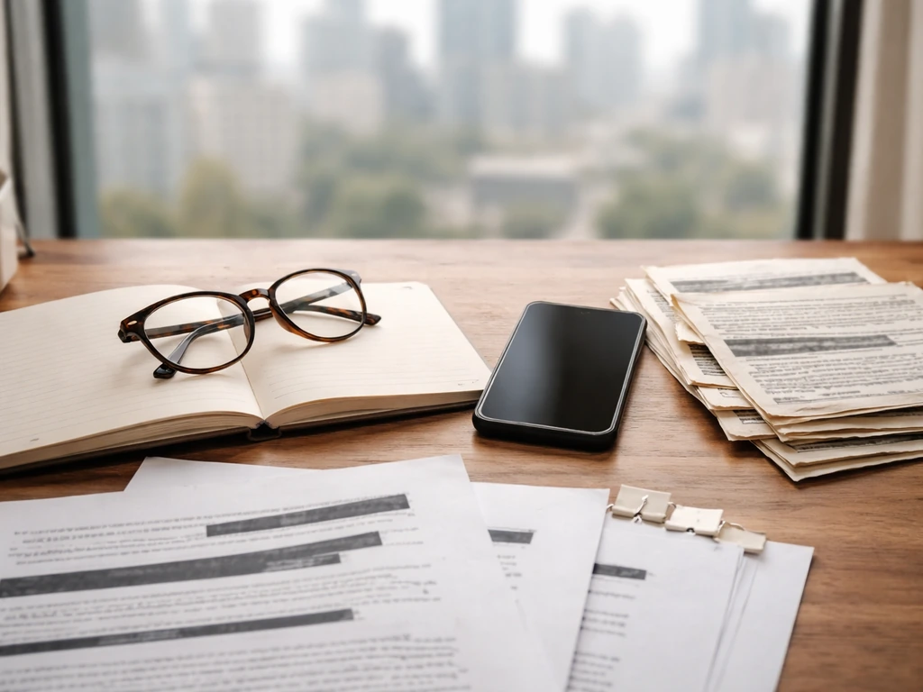 Minimal desk with blurred document pages and clippings hinting at sources for inference-based research.