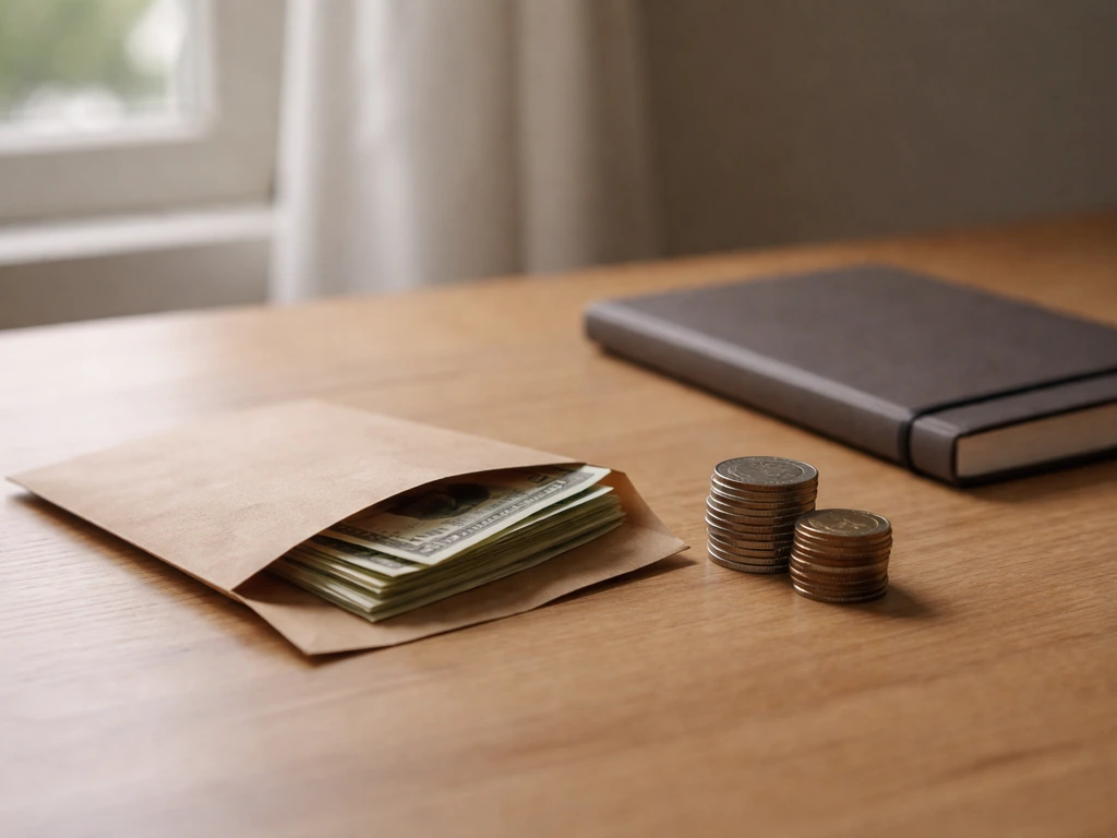 Minimal photo of a small cash envelope and neatly stacked coins beside a notebook, symbolizing a net worth range.