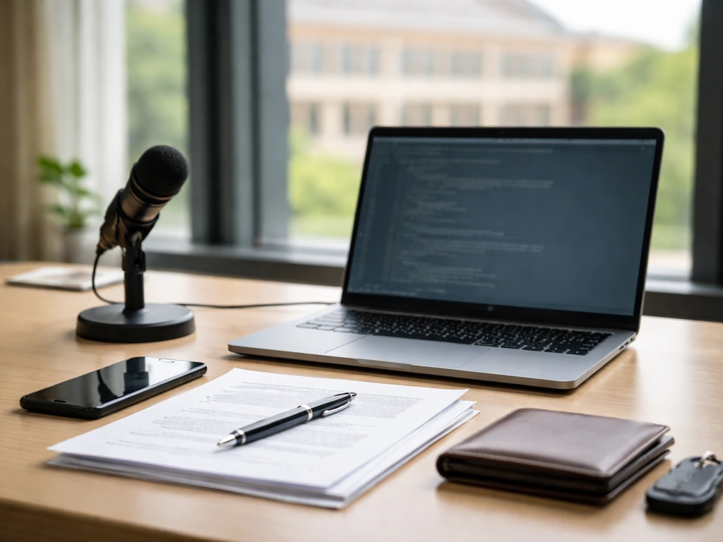 Minimal office desk with laptop, microphone, and finance cues, symbolizing wealth analysis without any person.