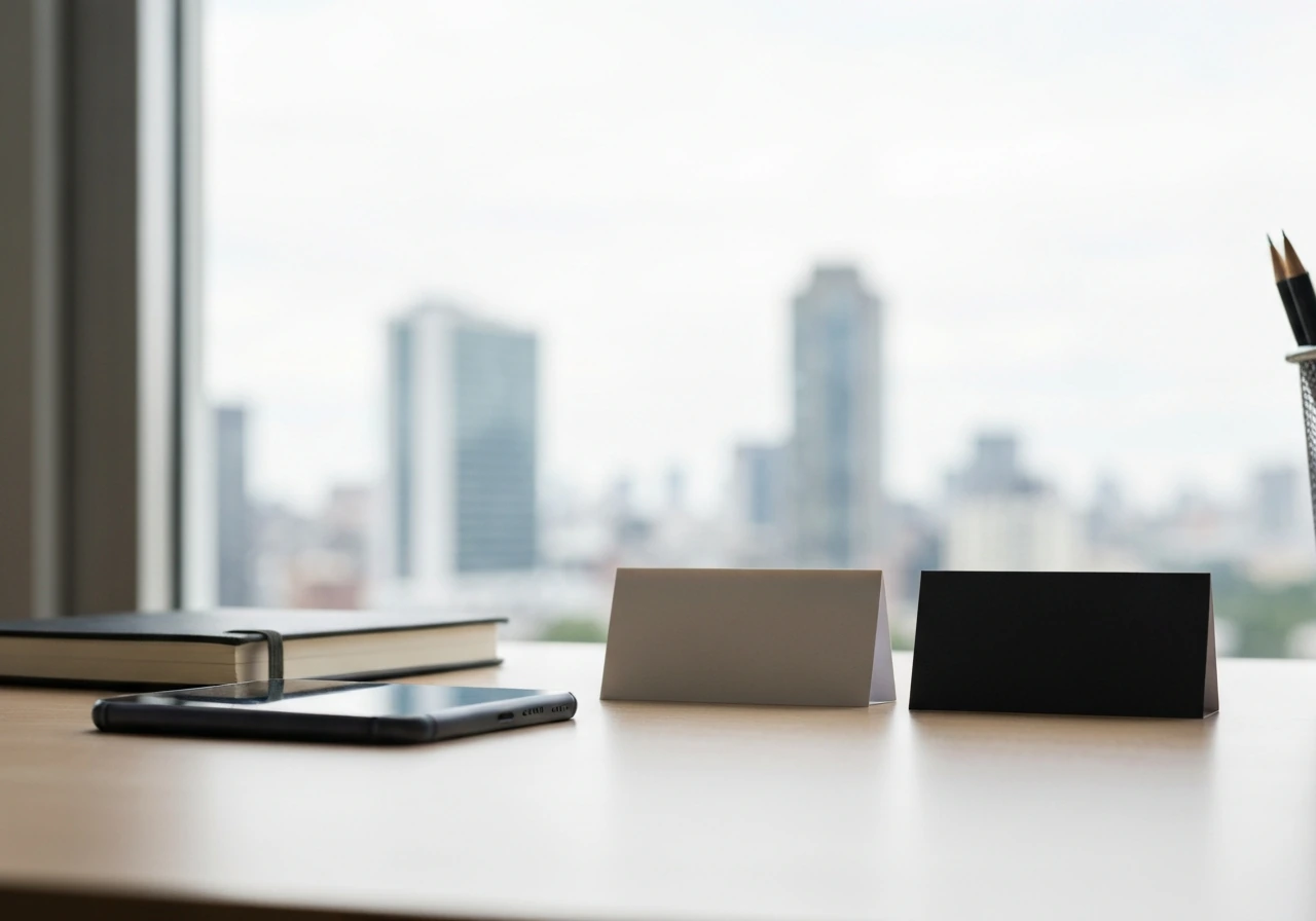 Two blank, contrasting business cards on a desk with a phone nearby, symbolizing identity disambiguation.
