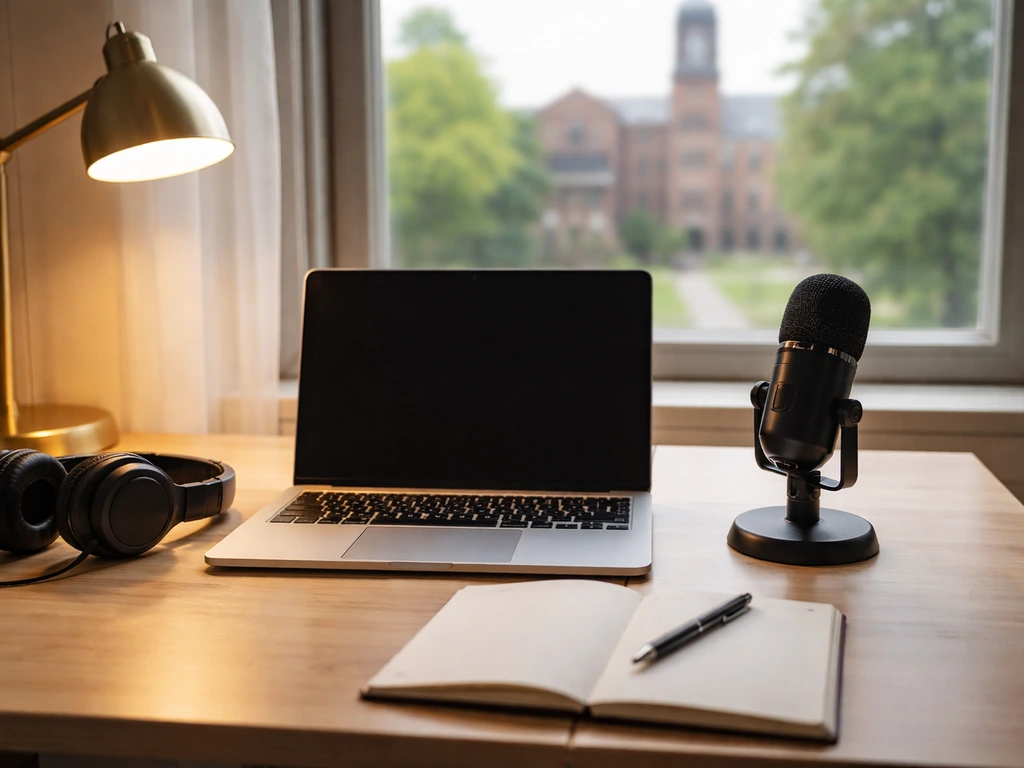 Minimal photo of a laptop on a desk with a microphone and a university-like building view through a window