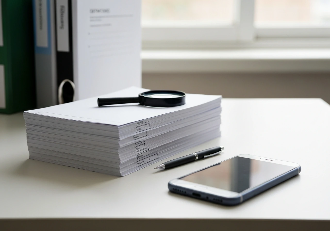 Minimal desk scene with documents, pen, and smartphone showing financial verification research
