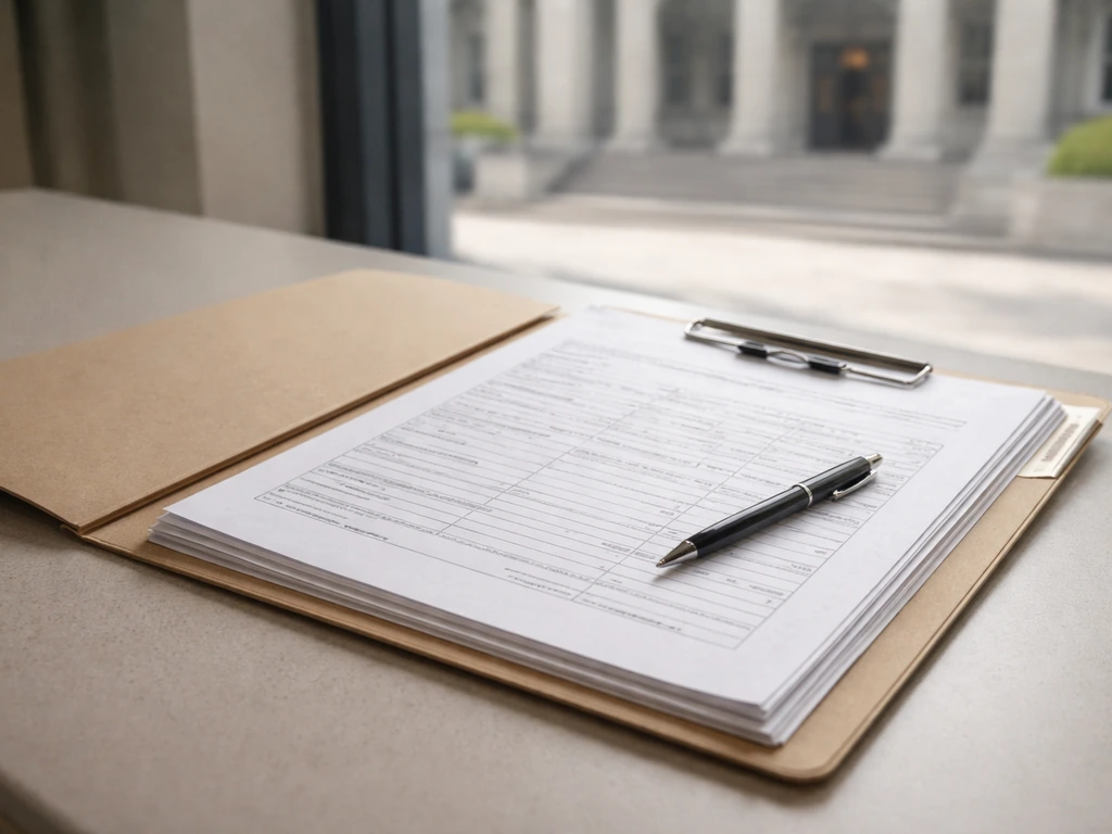 Official-looking paperwork folder on a desk with a softly blurred courthouse outside the window.