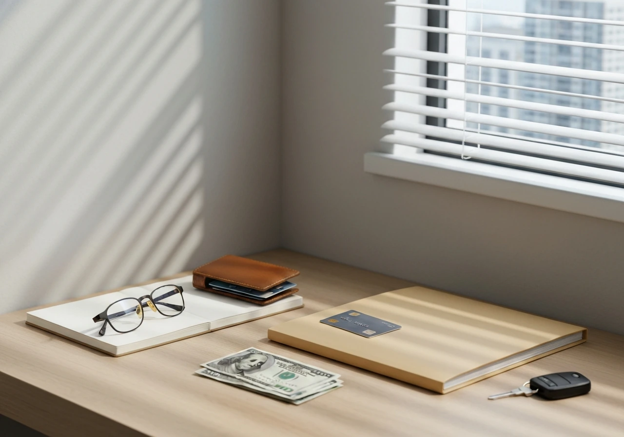 Minimal desk scene with wallet and bills beside a folder and key fob to symbolize assets minus liabilities.