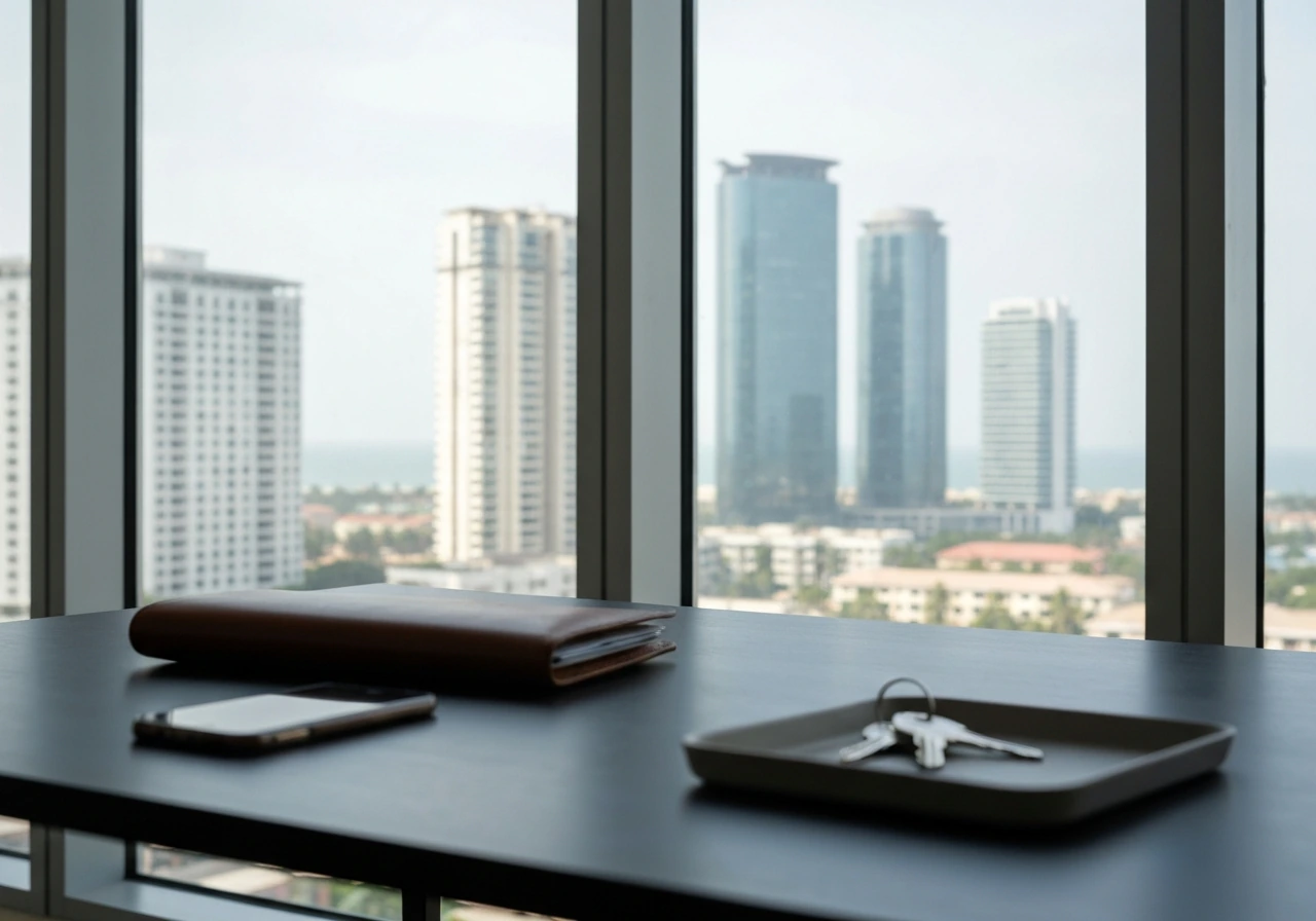 Modern Lagos high-rise buildings and a quiet office desk with a phone and paperwork, suggesting real estate investments.