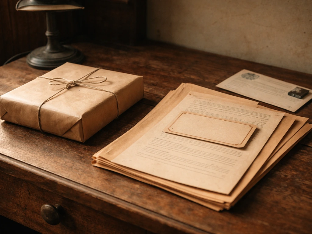 Vintage mail-order fitness course package and coupon-like mailer on a wooden desk with 1930s details