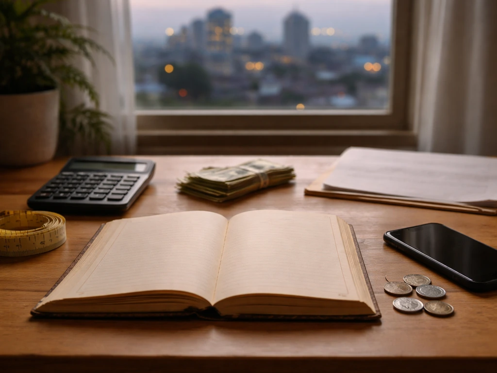 Minimal home-office desk with calculator, coins, ledger, and a blurred city view at dusk, no readable text.