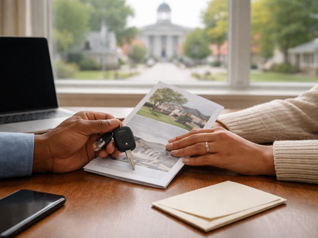 Anonymous hands on a desk holding a key and brochure with a blurred small-town window view behind.
