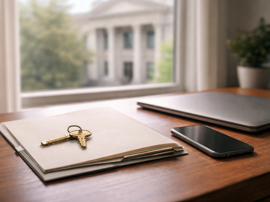 Minimal real-estate desk scene with a key and blurred courthouse view through a window.