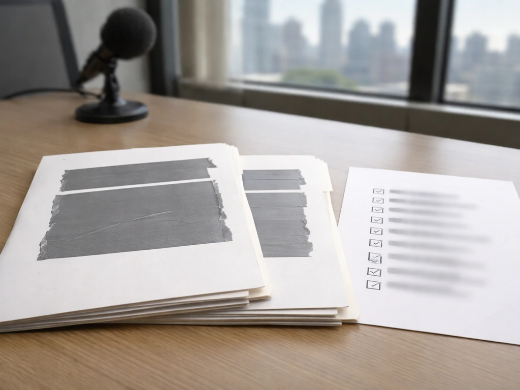Obscured blank documents and a checkmarked sheet on a desk in a simple office setting.
