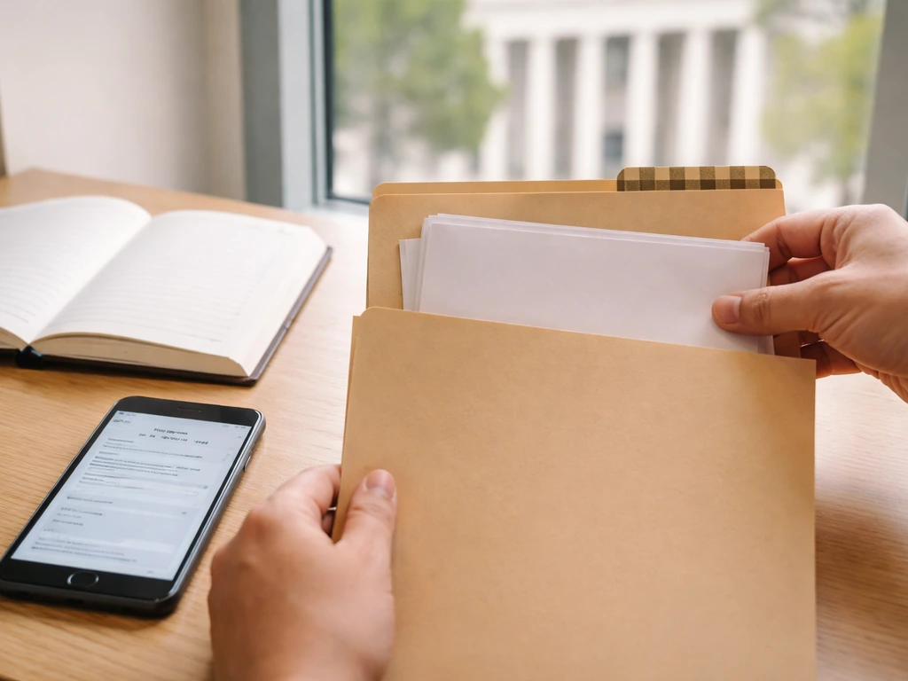 Anonymous hands at a desk with blank documents and a smartphone, symbolizing property record verification steps.