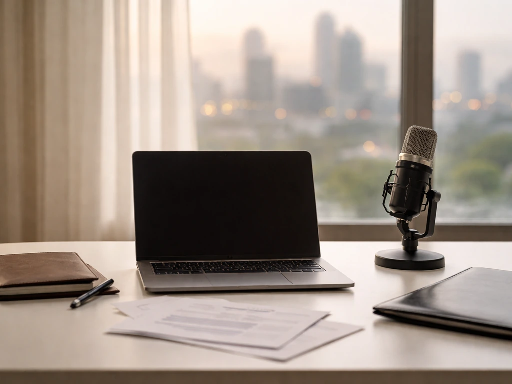 Minimal studio desk with microphone and laptop, suggesting media-business analysis for net worth estimates.