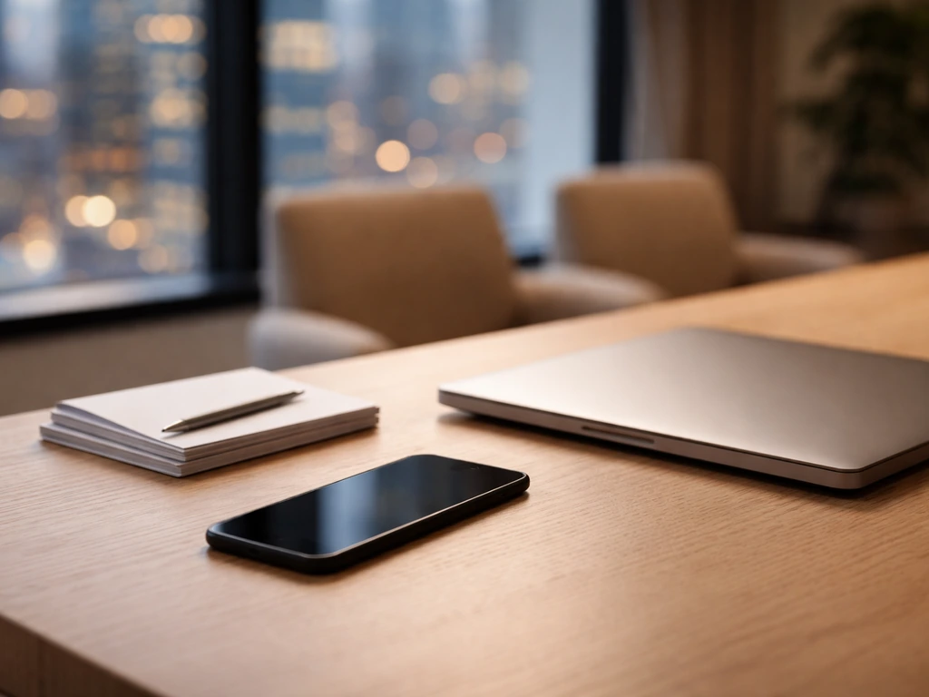 Minimal office scene with a smartphone, documents, and a subtle tech backdrop symbolizing a tech founder