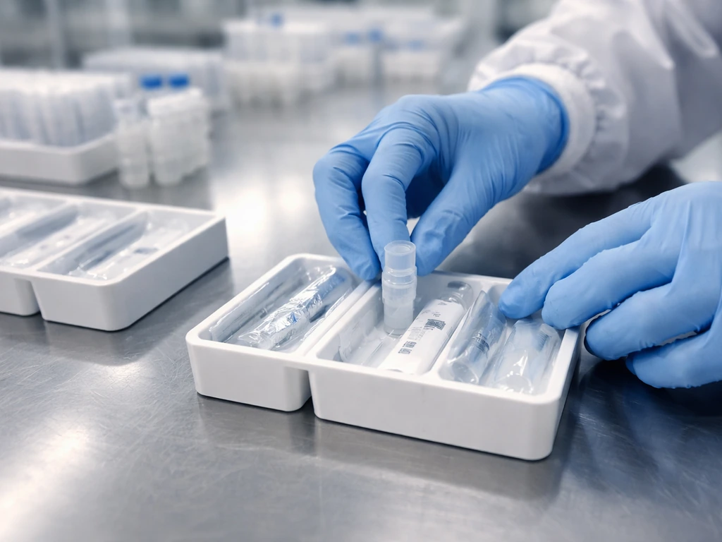 Gloved hands assembling COVID test kits on a sterile stainless workbench in a minimal production setting.