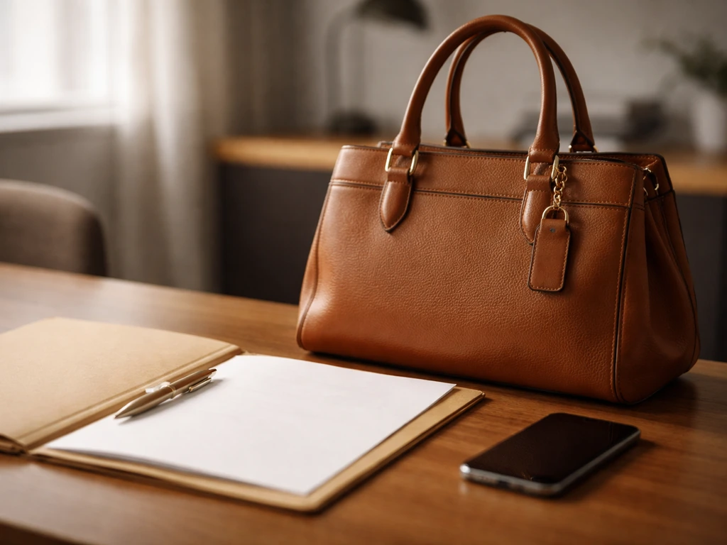 Close-up of a luxury leather handbag on a desk beside an open contract folder and a phone