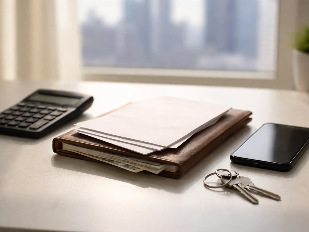 Minimal photo of a desk with a calculator, smartphone, and scattered documents suggesting financial net-worth estimation