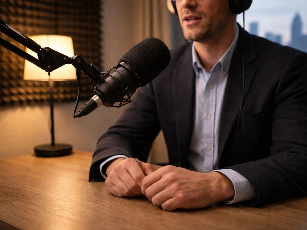 American political commentator in a quiet recording studio, speaking near a microphone