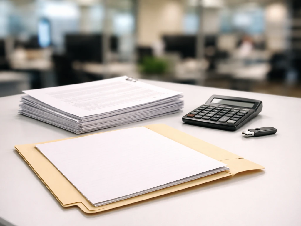 Open folder of official-looking documents on a desk, symbolizing verified nonprofit compensation records.