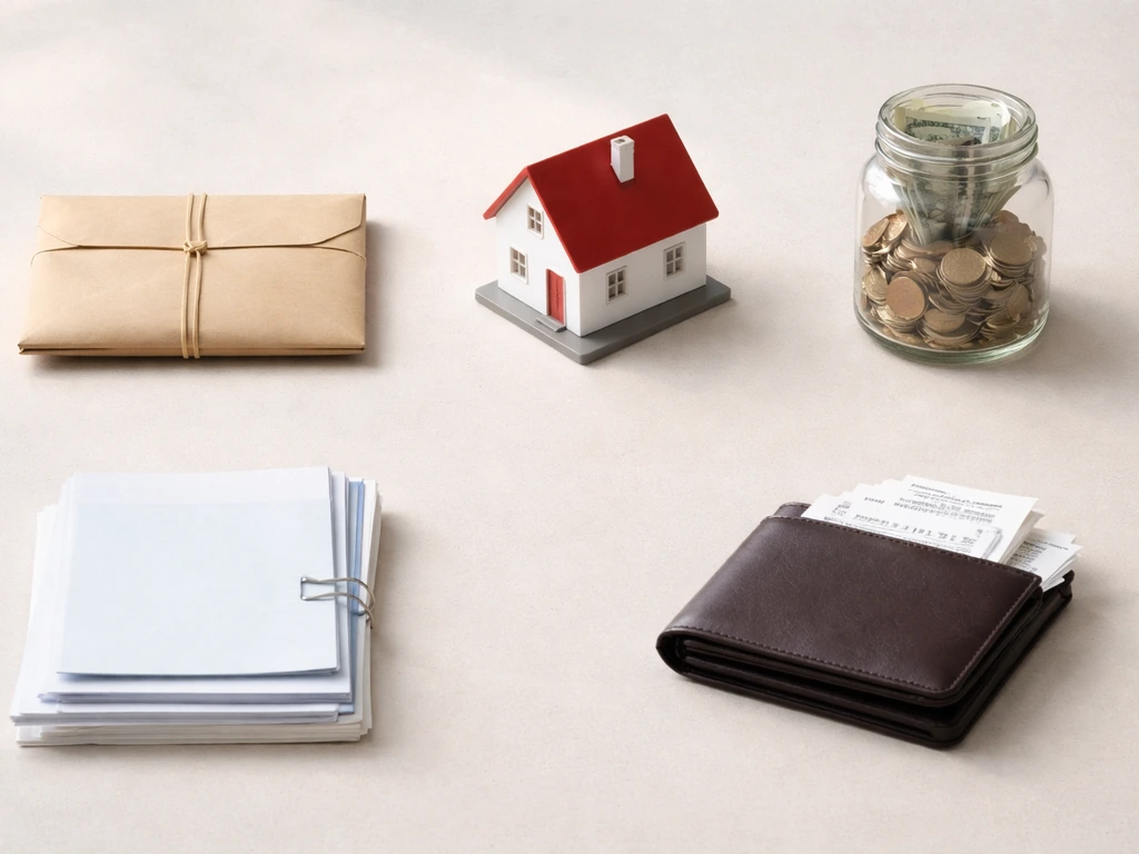 Overhead desk photo with objects symbolizing salary, property, investments, assets, and liabilities.