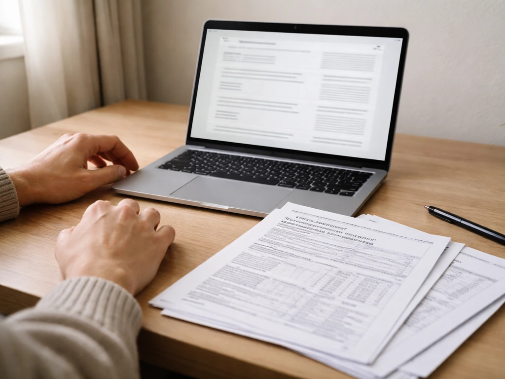 Laptop showing nonprofit records search beside printed county property pages on a desk