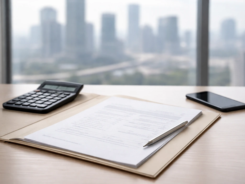 Sunlit office desk with open folder, calculator, and a blurred city skyline through window