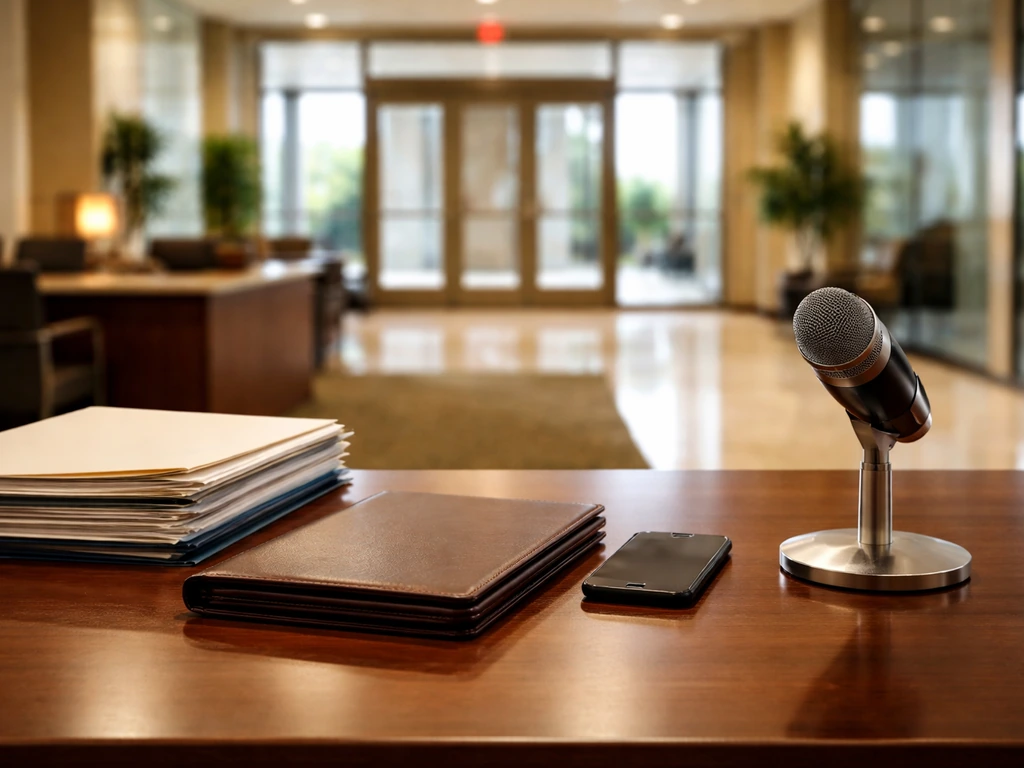 Minimal bank office desk scene with folders, portfolio, and a small microphone; no people shown.
