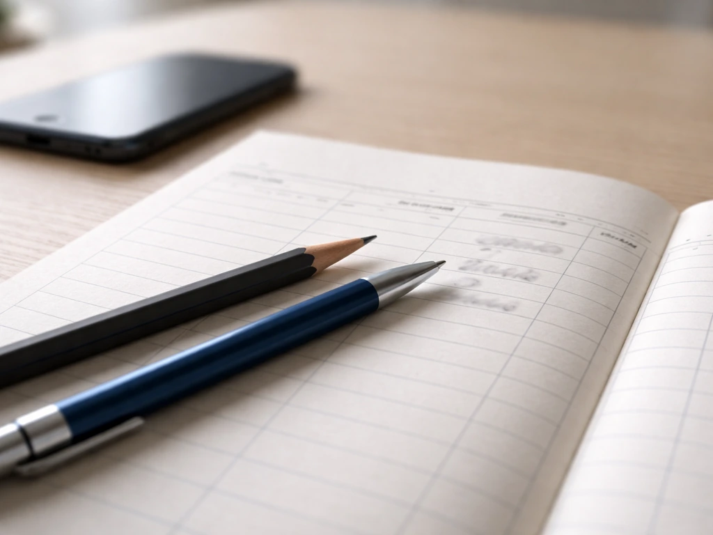 Close-up of a financial notepad and pen beside a smartphone, suggesting stock-sale records without readable text.