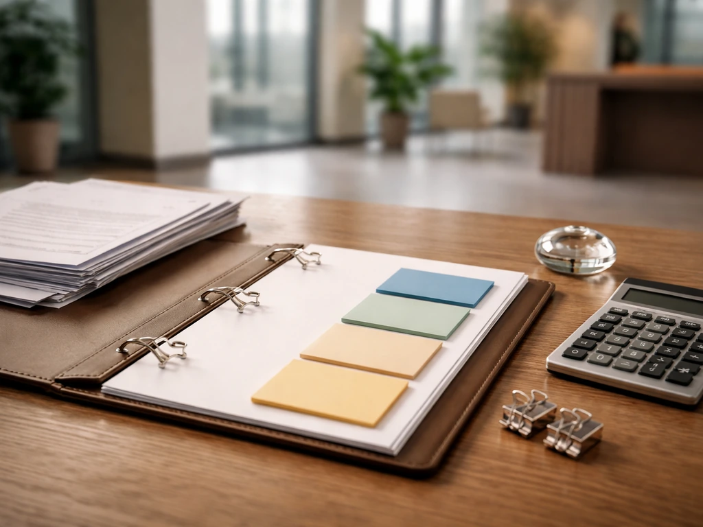 Minimal desk scene with portfolio and financial papers suggesting asset components for net worth calculation.