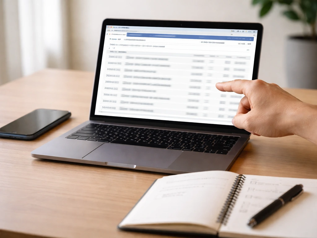 Hand points at a laptop showing generic SEC-style filing results on a desk with phone and notepad.