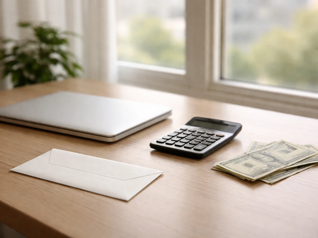 Minimal office desk with a calculator, envelope, and scattered cash near a window, symbolizing estimated net worth