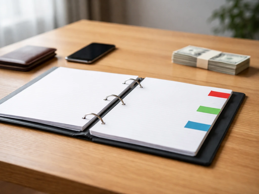 Minimal desk scene with an open binder, smartphone, and scattered cash-like props symbolizing NFL contract income breakd