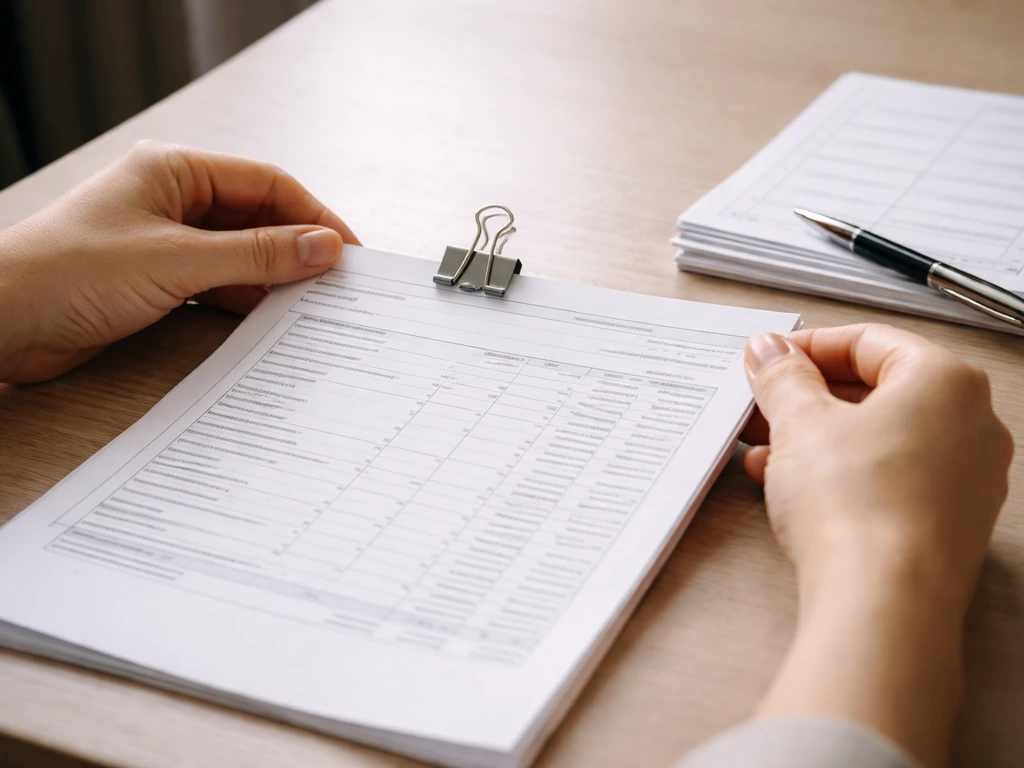 Close-up of a single document on a desk with accounting-style line items and a payment stamp, no readable text.