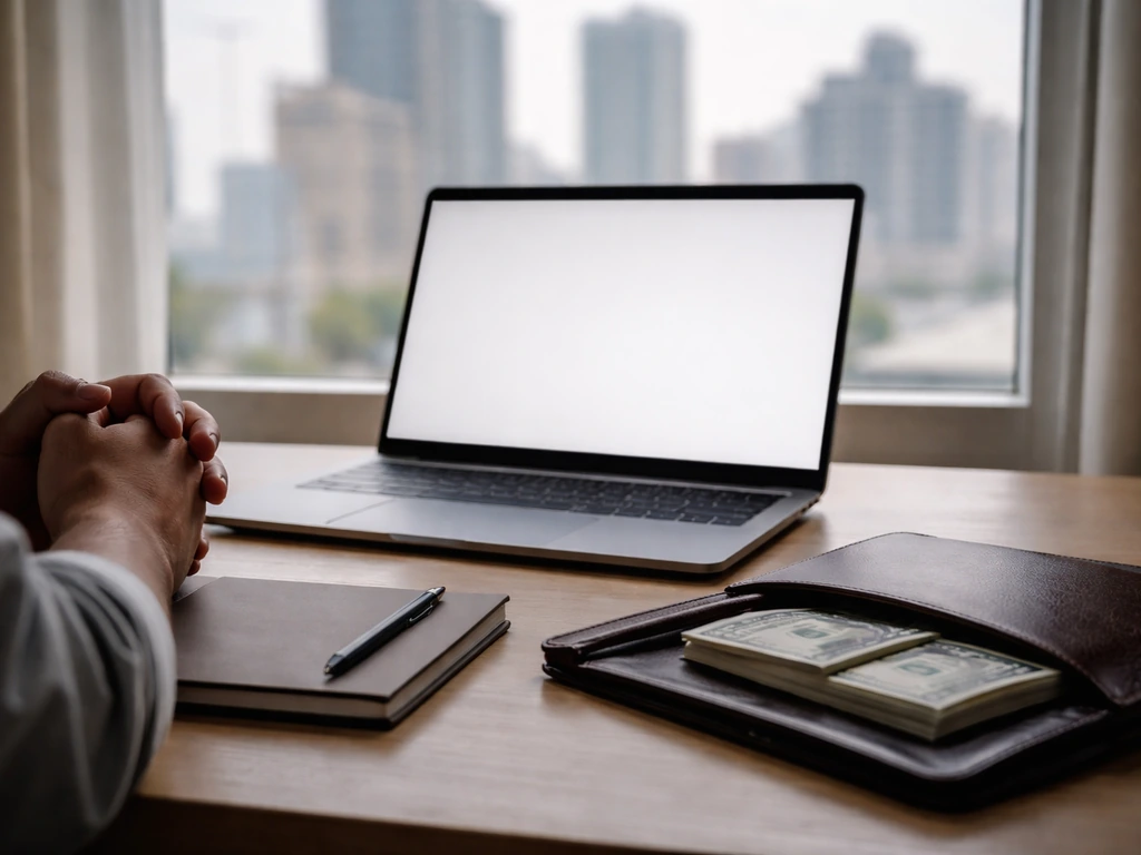 Anonymous hands at a desk with laptop and cash, soft window light, symbolizing financial growth over time.