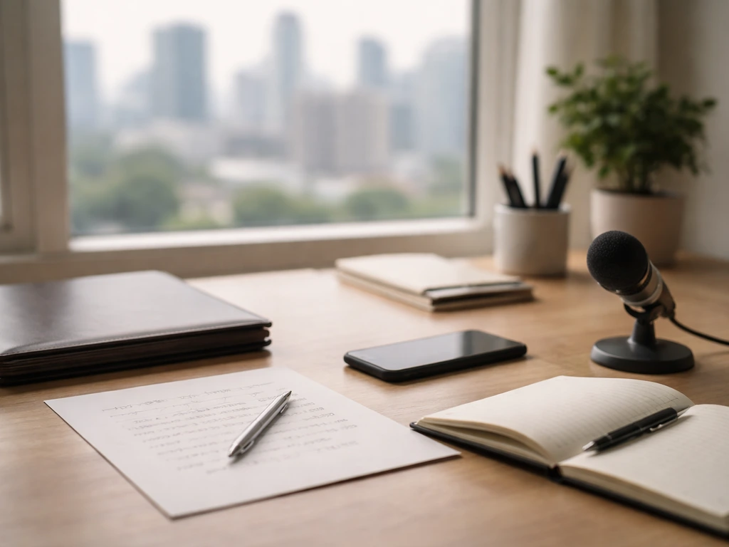 Minimal desk with portfolio, notebook, smartphone and blurred city view, suggesting financial verification.