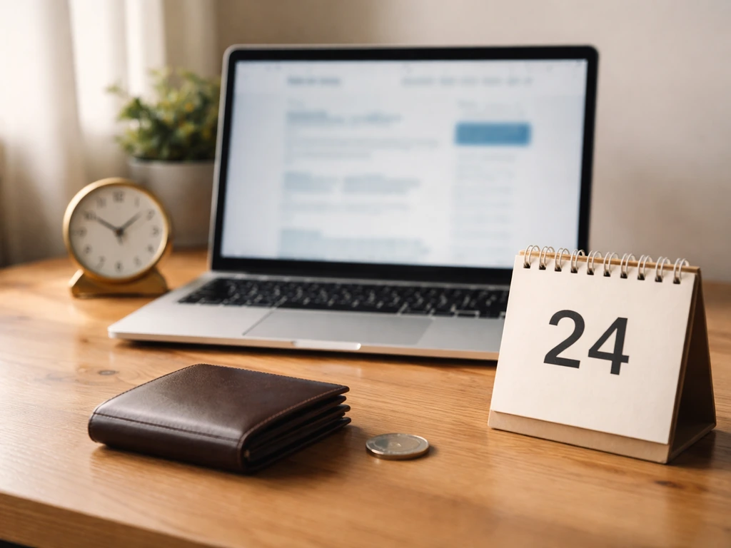 Minimal office desk with an open laptop showing a finance page and a nearby date stamp