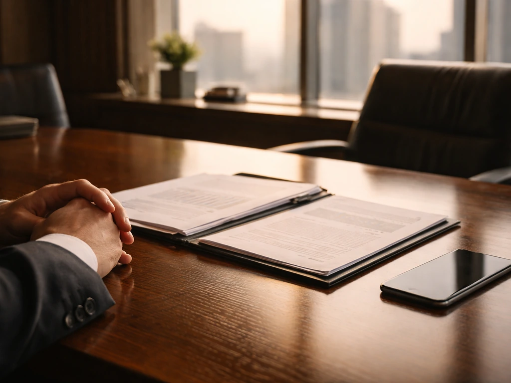 Hands on a desk with blurred modern office buildings outside, symbolizing executive career and earnings.