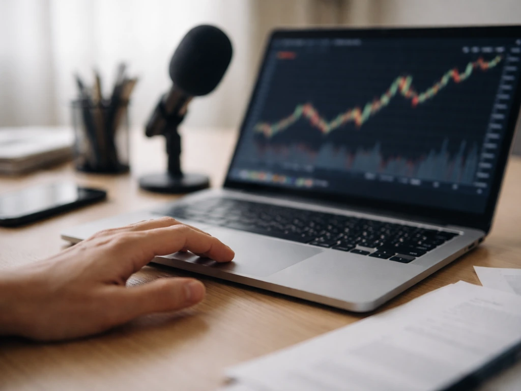 Natural light photo of a finance desk with a blurred laptop showing a generic stock chart.