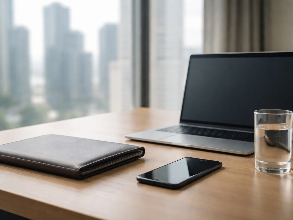Empty modern investment office desk with laptop and notebook, symbolizing analysis for net worth estimates.