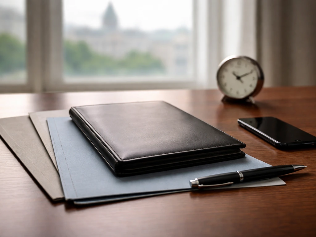 Minimal investment office desk with folders suggesting multiple identities, one folder highlighted.