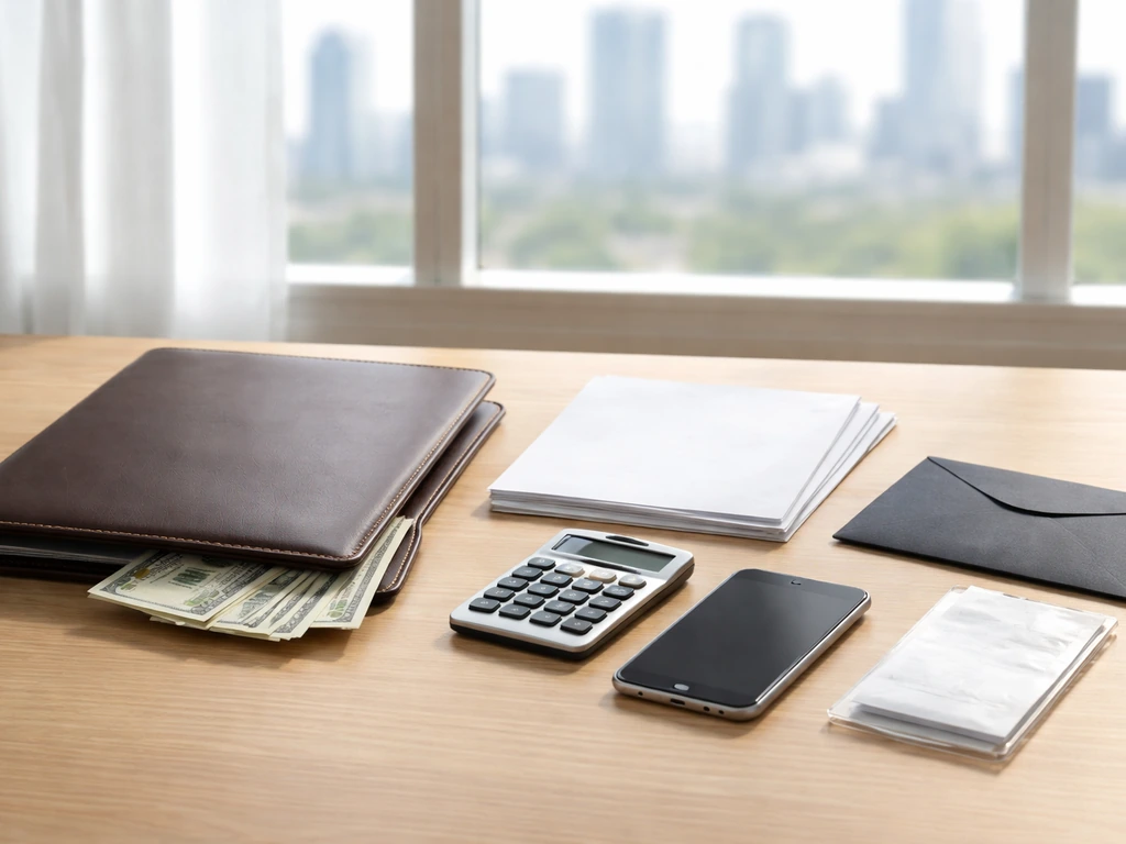 Minimal photo showing money, a calculator, and documents suggesting assets minus liabilities concept.