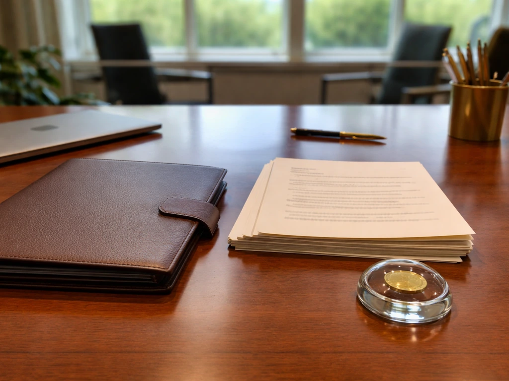 Minimal investment office desk showing three document-and-holding elements with coins and folders.